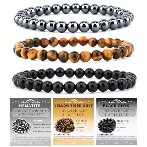 NCB 2.3-Piece 4mm Natural Crystal Gemstone Stretch Bracelets – Handmade Reiki Energy Healing Jewelry for Meditation,Yoga, Unisex - color: 3PCS ( Black Onyx+Hematite+Yellow Tiger's Eye ), size: 6mm