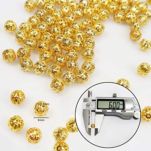 TOAOB 100pcs Gold Spacer Beads 6mm Filigree Hollow Ball Beads Round Metal Loose Beads for DIY Crafts Bracelets Necklaces Earrings Jewelry Making - color: Gold, size: 6mm