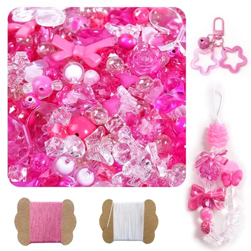 500G Assorted Acrylic Beads 600-760PCS Cute Beads for Jewelry Making 10M 0.8MM Nylon Strip Flower Star Bear Bow Aesthetic Kawaii Charms for Bracelet DIY Necklace Keychain Phone Charm-Rose Red - color: 500g-Rose Red