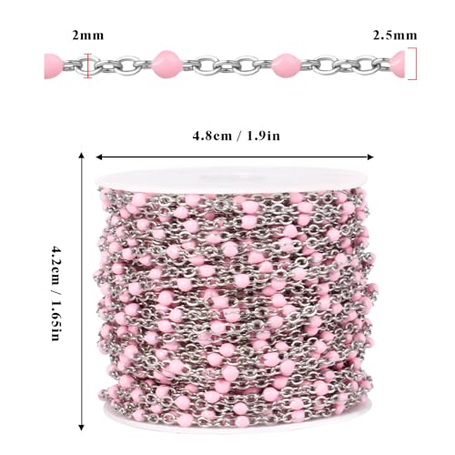 33 Feet Stainless Steel Enamel Chains Bulk, 2mm 304 Stainless Steel Pink Enamel Beaded Cable Link Chain Roll Spool for Jewelry Making - color: Stainless Steel Pink Beads