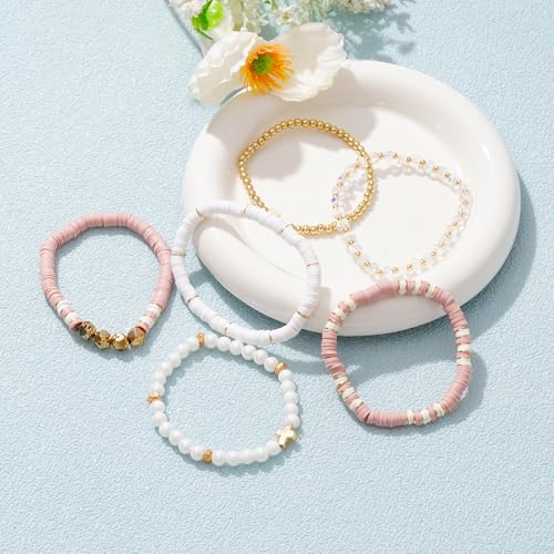 RISHEGAE Heishi Beaded Stretch Bracelets for Women Stackable Polymer Clay Beads Bracelets Friendship Boho Summer Beach Bracelet Jewelry Set - color: C-Pink Cross