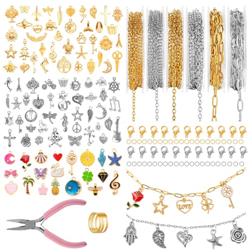 Zefy 18K Gold Silver Chain for Jewelry Making, 19.7ft 6 Rolls Stainless Steel Chains Bulk with 348 Pcs Charms, Jump Rings Lobster Clasps Set for DIY Bracelet Necklace Crafts - size: Medium