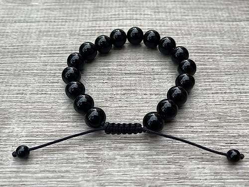 GAF TREASURES Grade A ++ Gemstone Round Bead Adjustable Bracelet 10mm, Genuine Crystal Bead Bracelet, Gift for Men & Women - color: Black Obsidian