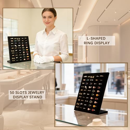 Homeanda Ring Display Stand with Velvet Lining, 2 Pcs L-Shaped Jewelry Organizer with Individual Slots, Sturdy Non-Slip Base for Retail Display, Home Storage & Photography (8" x 4" x 9.6") - style: 2 PCS