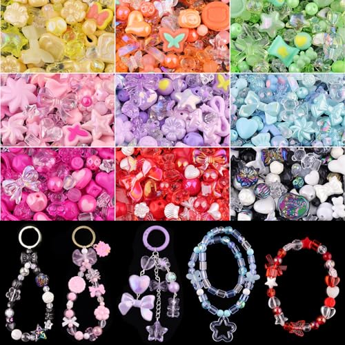 600-650PCS TINKRSTUFF Assorted Acrylic Beads 9 Mixed Colors Cute Beads for Bracelet Making, Bow Aesthetic GummyBear Flower Butterfly Kawaii Charms for Jewelry Making DIY Necklace Keychain Phone Charm - color: 8 Color Series-Pink+Blue+Purple+Green+Red+Blac