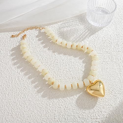 Gold Heart Pendant Necklaces for Women Colorful Acrylic Resin Beaded Choker Necklace Fashion Chunky Statement Beaded Heart Necklace - color: White