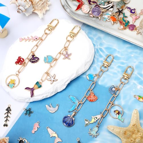 AUGSUN 189Pcs Ocean Themed Keychain Making Kit, Charm Jewelry Chain Making Crafts Including 60 Summer Beach Charms 12 Keychain Clips Hooks 15 Extender Chains 100 Jump Ring and Jewelry Plier - style: Ocean