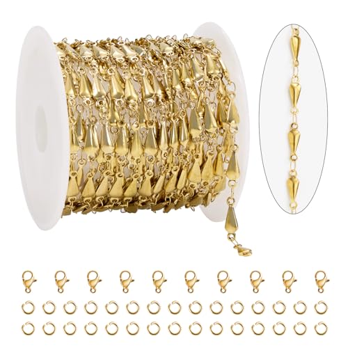 KYUNHOO 4 Meters Stainless Steel Chains for Jewelry Making Small Water Drips Link Chain Spool Gold Plated DIY Jewelry Bulk with Connectors for Women Men Make Handcrafts - color: Drop Gold
