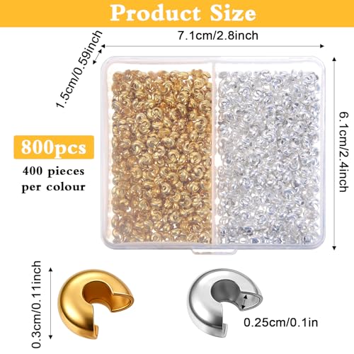 Ouligay 800PCS 4mm Mini Crimp Beads for Jewelry Making Crimp Bead Covers Half Round Open Crimping Bead Knot Covers for DIY Jewelry Craft Making Jump Rings with Transparent Box Gold and Sliver