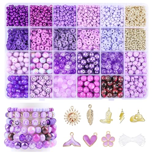 Purple Beads for Jewelry Making,3500pcs Clay Beads,Purple Friendship Bracelet Making Kit DIY Craft Set with 3mm Seed Bead,8mm Glass Bead - color: 24 Color-B