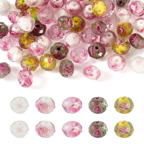 Elecrelive 50Pcs Rondelle Flower Glass Beads 10mm Gold Sand Lampwork Beads 5 Colors Floral Crystals for DIY Bracelet Necklace Earring Jewelry Making - color: 5 Colors