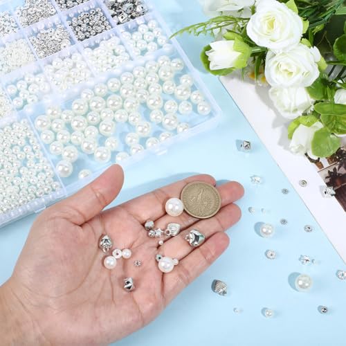 1 Box 1306PCS Pearl Beads Set Imitation Round Assorted CCB Plastic Heart Star Flower Brass Rhinstone Pendants Loose Spacer Bead Set for Jewelry Making Necklace Bracelets DIY Crafts Supply - color: Silver