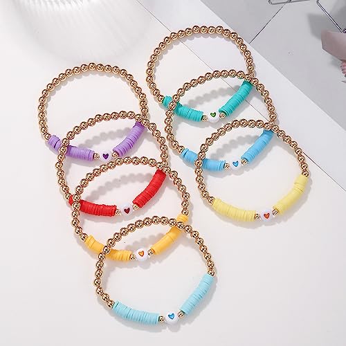 COLORFUL BLING 5-12Pcs Bohemian Love Heart Bead Bracelets for Women Vinyl Disc Heishi Surfer Stackable Stretch Bracelet Summer Beach Boho Jewelry - color: 7pcs pure