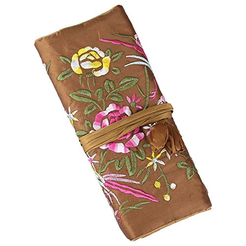 Brown Silk Jewelry Organizer Roll for Travel – Vintage Embroidery Storage Bag with Zippered Pockets, Foldable Pouch for Rings, Necklaces & Earrings, Compact Luxury Gift - color: Brown