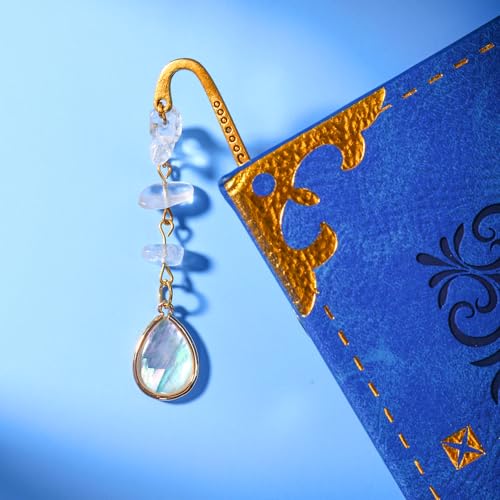 Vintage Metal Bookmark Pendant with Opal Drop Shell&White Quartz Crystal Stones Bead Chain–Elegant Opal Bookmarks for Women,Men,Book Lovers,Teachers and Girls(Gold) - style: Gold