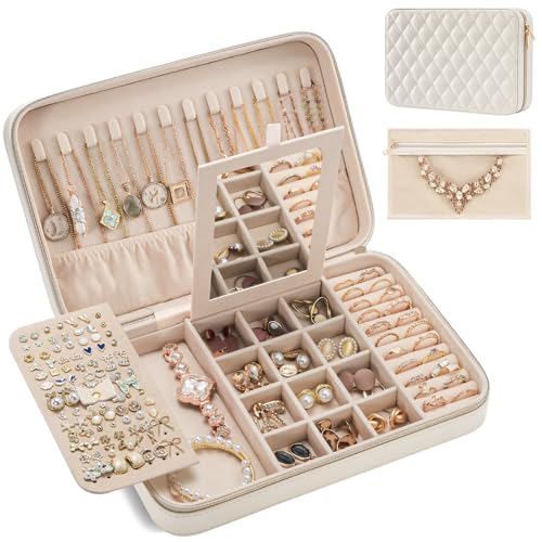 Lolalet Travel Jewelry Case for Women Girls, Travel Jewelry Organizer Box with Mirror & Clear Storage Bag, Small Portable Earring Necklace Bracelet Ring Case, Birthday Valentine Gifts -Large, White - color: White, size: Large (10"W*6.69"D*2.17"H)