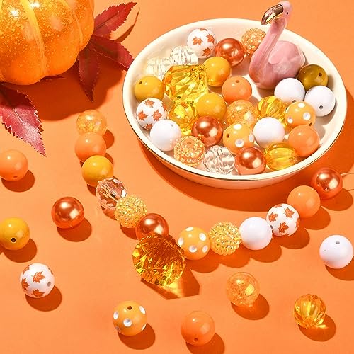 DanLingJewelry 50Pcs 20mm Thanksgiving Theme Beads Fall Bubblegum Beads Acrylic Yellow Orange Spacer Beads for DIY Jewelry Making Crafts Supplies - color: 50pcs - Thanksgiving
