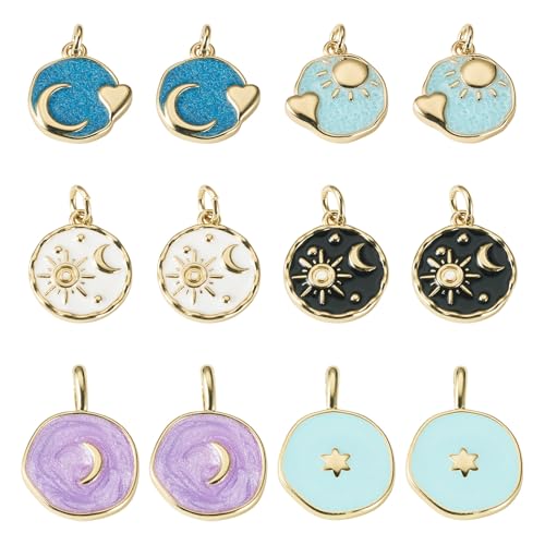 Craftdady Golden Plated Enamel Pendants White Oval Flat Round Dangle Charms for DIY Earrings Necklace Bracelet Making - color: Mixed Color-6 Styles