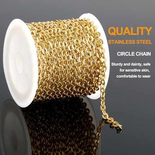 KYUNHOO 16.4 Feet Gold Chain for Jewelry Making Embossed Circle Chains on Spool Gold Plated Stainless Steel Chain Necklace with Lobster Clasps and Jump Rings for DIY Bracelet Earring - color: Oval Gold
