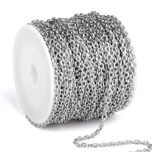 66 Feet Stainless Steel Rolo Cable Chain Bulk, 2.5mm 304 Stainless Steel Diamond-Cut Oval Rolo Cable Link Chains Roll Spool for Jewelry Making - color: Stainless Steel, size: 2.5mm width