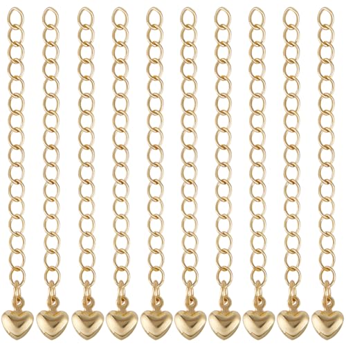 Beebeecraft 1 Box 20Pcs Extension Chain 18K Gold Plated Brass 55.5mm Curb Chain Extenders End Chains with Heart for Necklace Bracelet Jewelry Making - color: Gold-heart