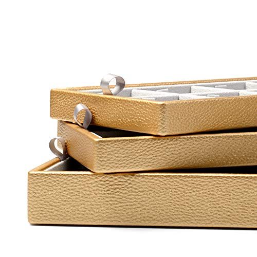 Oirlv Gold Leather Jewelry Box Handmade Travel Jewelry Organizer Storage Case Holder For Girl Lady Earring,Ring,Necklace,Pendant,Watch,Bracelet.(3 layers) - color: Golden