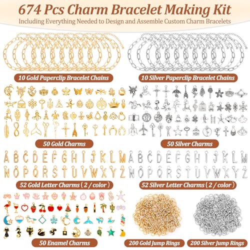 Mckanti 674 Pieces Charm Bracelet Making Kit, Including Paperclip Chain Bracelets, Charms, Jump Rings for DIY Bracelet Making(Gold & Silver)