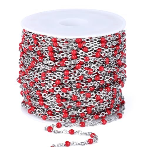 33 Feet Stainless Steel Enamel Chains Bulk, 2mm 304 Stainless Steel Red Enamel Beaded Cable Link Chain Roll Spool for Jewelry Making - color: Stainless Steel Red Beads