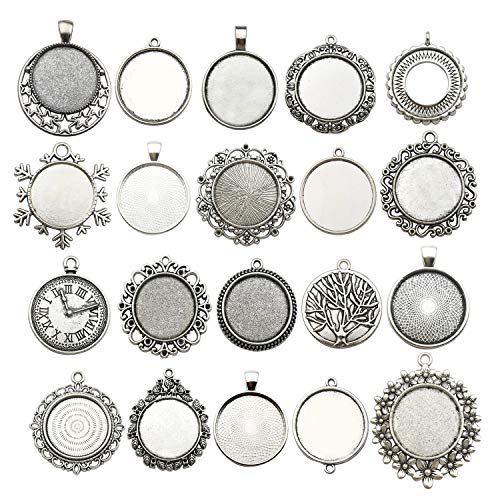 20pcs Mixed Fit 25mm Blank Bezel Pendant Trays Base Cabochon Settings Trays Pendant Blanks for Jewelry Making DIY Findings (M280) - color: Antique Silver 25mm