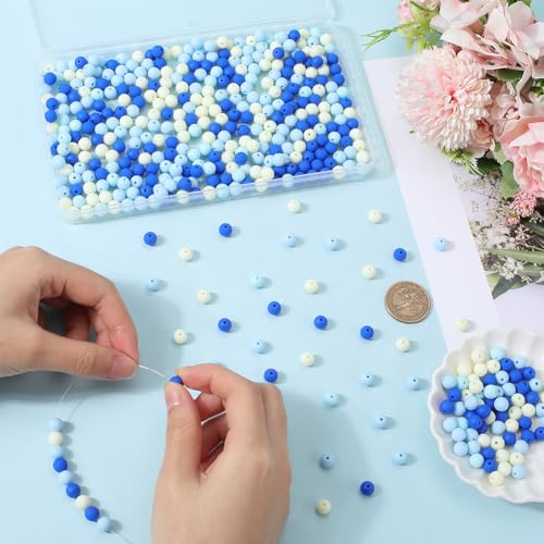 1 Box 500Pcs Frosted Acrylic Beads 8mm Matte Blue Beads Small Round Ball Opaque Bubblegum Rubberized Imitated Silicone Smooth Loose Spacer Bead for Jewelry Making Bracelet Necklace DIY Crafts - color: Blue