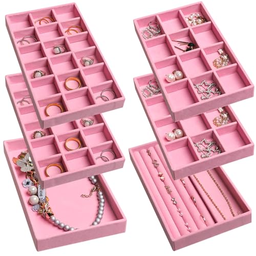 Frebeauty Jewelry Organizer Tray,Stackable Velvet Jewelry Trays,Drawer Inserts Earring Organizer For Women Jewelry Storage Display Case for Rings Stud Necklaces,Set of 6(Pink) - color: Pink, size: Set 6