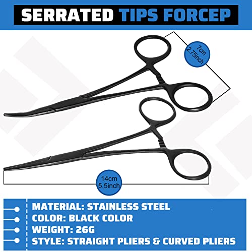 BBTO Hemostat Curved and Straight Hemostat Forceps Piercing Pliers Forceps, Stainless Steel Straight and Curved Pliers, Fishing Tweezer(Black,2 Pcs) - color: Black