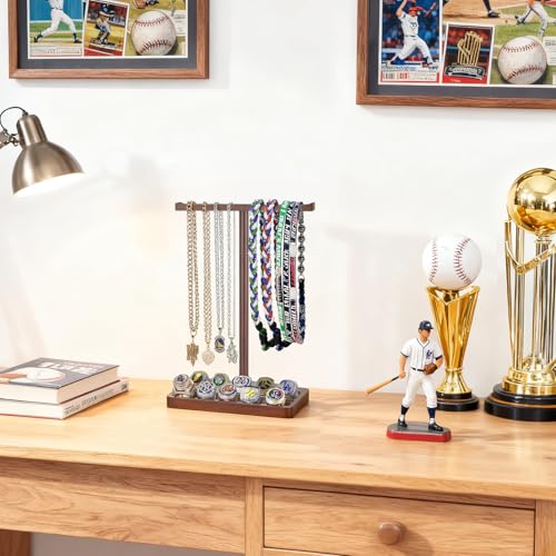 Mkono Wooden Baseball Drip Necklace Organizer Holder, Championship Ring Display Holder, Softball Ring Holder Baseball Gifts for Boy Team Player Men Home Bedroom Decor