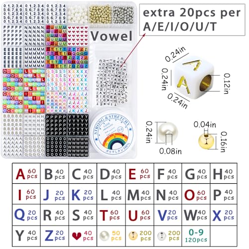 MIIIM 1650 Pcs Pony Beads Letters for Bracelets Making, Vowel-Rich Alphabet Kit with Minimized Rare Characters, 6x7mm Large Hole Square Letter Beads, Numbers (Six Styles) - color: Square Six Style Colors