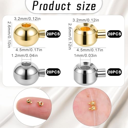 80 PCS Crimp Beads for Jewelry Making, Gold Silver Spacer Bead Stoppers Brass Metal Round Crimp Charms Ball Column Stopper Crimps Charms for Bracelet Necklace Ends Accessories