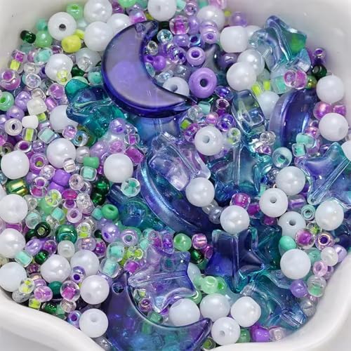Mixed Star Moon Crystal Glass Beads Seedbeads Loose Round Pearl Beads for Jewelry Making Craft Bracelets Necklaces Earrings DIY Crafts Projects Green Purple Glass Spacer Bead Kits for Crafts - color: Green Purple
