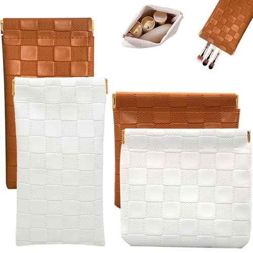 4PCS Small Makeup Bag for Purse, Mini Leather Pocket Cosmetic Bag for Women, Waterproof Portable Makeup Pouch No Zipper Coin Purse Lipstick Bag Accessories, Checkered Travel Storage Bag(White, Brown) - color: White, Brown