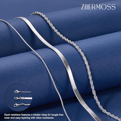3PCS Gold Necklaces for Women,Chunky Statement Gold Plated Necklace Stack Layered Sterling Silver Herringbone Chains for Women Dainty Trendy Silver Chains Stacked Jewelry Gifts - color: silver chunky necklace set