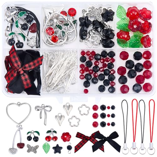 SUNNYCLUE 1 Box DIY 6 Sets Cell Phone Charm Kit Black Cherry Charms Gothic Checkered Bowknot Flowers Red Cherry Fruit Charm Accessories for Jewelry Making Kits Women Starters Cellphones Case Decors
