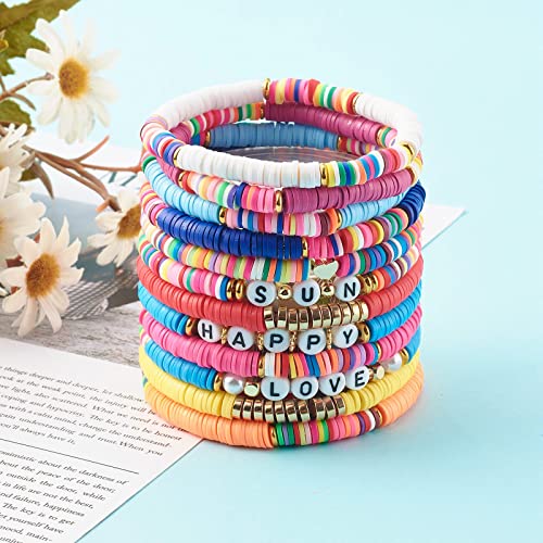 Ornaland 12 PCS Heishi Surfer Bracelets Polymer Clay Heishi Beads Stretch Bracelets Bohemia Bracelets Summer Beach Jewelry for Women Men