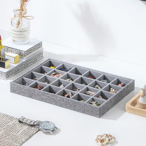 Stackable Jewelry Organizer Tray For Drawers,White Leather Small Earring Storage Tray,Bracelet And Necklace Display Box,Jewelry Ring Display Case (Gray 24 Grids) - style: Gray 24 Grids