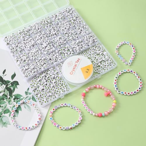 Acrylic Letter Beads 4mm Flat Round, 6mm Square - Beads for Making Friendship Bracelet or Necklace (26 Pieces of Flat Round White with Green) - color: 26 pieces of flat round white with green