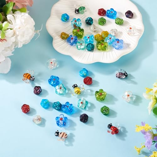 Beadthoven 45pcs Flower Bee Handmade Lampwork Glass Beads 3D Honeybee Rose Floral Glass Bead Charm Spring Summer Bumpy Murano Beads for DIY Earring Bracelet Necklace Jewelry Making - color: Bee Flower