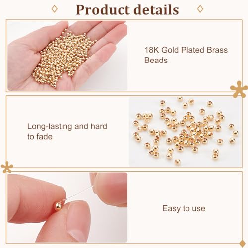 PH PandaHall 600pcs 18K Gold Beads 3mm Beads for Bracelet Making Seamless Smooth Beads Long-Lasting Waist Beads Metal Brass Beads for Bikini Belly Chain Layered Bracelet Satellite Jewelry Making - size: 3mm