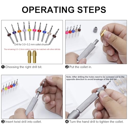 21 PCS Hand Drill Set, Pin Vise Hand Drill Set Including 10 PCS (1.6-2.5mm) Miniature Mini Drill Bits and 10 PCS (0.5-3.2mm) PCB Mini Chuck Chuck for Jewelry DIY, Resin, Wood, Model Making - color: Silver