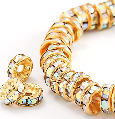 200Pcs 8mm Rondelle Spacer Beads Gold Plated AB Color Crystal Rhinestone for Jewelry Making Loose Beads for Bracelets - color: AB Color-gold, size: 8mm