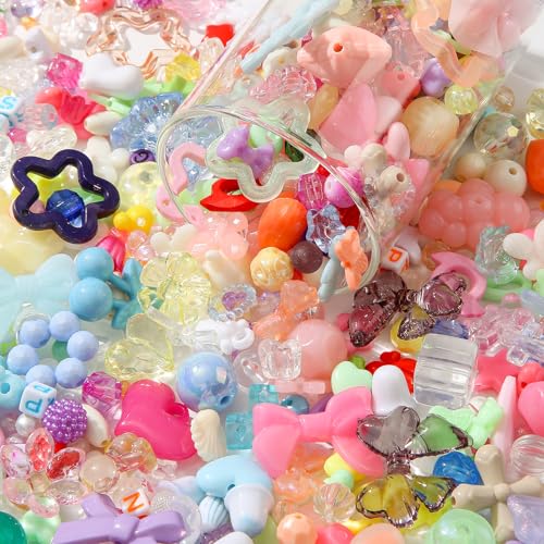 500g Acrylic Assorted Beads Flower Star Butterfly Candy Acrylic Kawaii Beads for Keychain Bracelets Jewelry Making DIY Plastic Crafts (Color) - color: pinkbluepurpleyellowgreenwhite