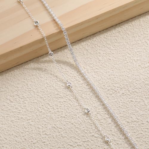 RLMOON Gold Silver Anklets for Women CZ Ankle Bracelet 14K Gold Plated Waterproof Layered Stackable Tennis Dot Chain Anklet Trendy Summer Beach Foot Jewelry - color: E:Tennis Anklet Silver