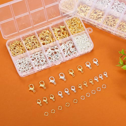 660Pcs Lobster Claw Clasps and Open Jump Rings Set, 4 Sizes of Gold and Silver Jewelry Clasps,Lobster Clasps for Jewelry Making, Keychains and Bracelet
