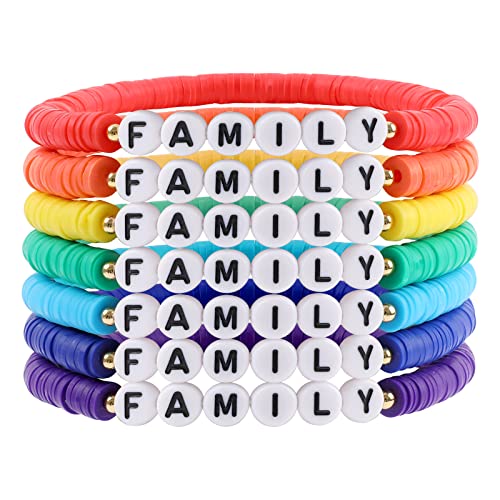 Rainbow Heishi Surfer Bracelets Set for Women Stackable Clay Beaded Bracelets Disc Stretch Preppy Bracelets Layering Colorful Friendship Bracelets Team Cheer Bulk Boho Summer Beach Jewelry Gift - style: FAMILY